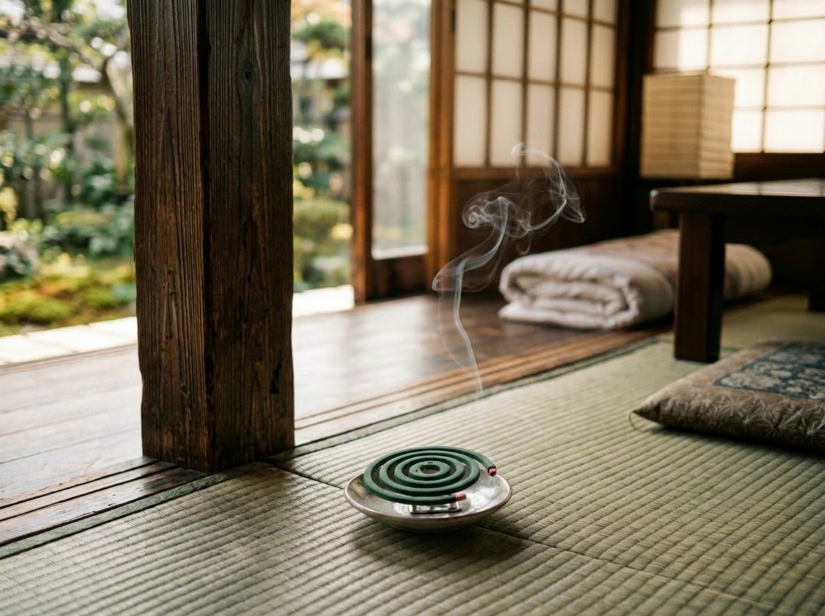 和室の畳と木柱、小皿の蚊取り線香から立ち上る懐かしい煙