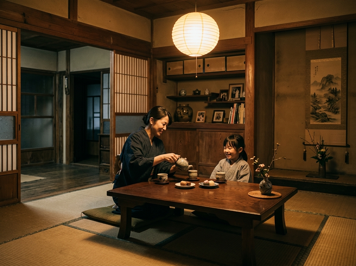 夕暮れ時の居間で和紙提灯のあたたかな灯りに包まれる家族